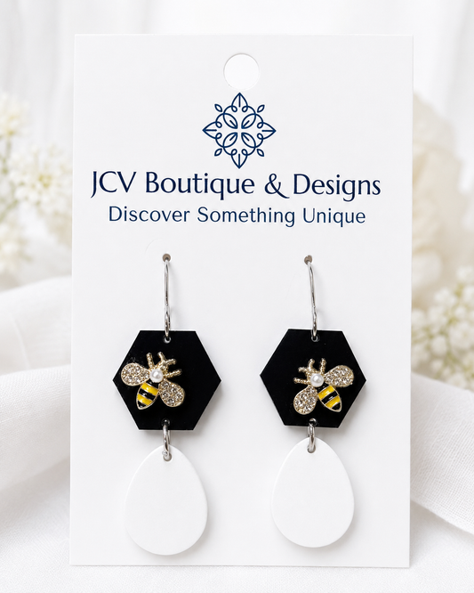 Black Hexagon & White Teardrop Honeybee Dangle Earrings