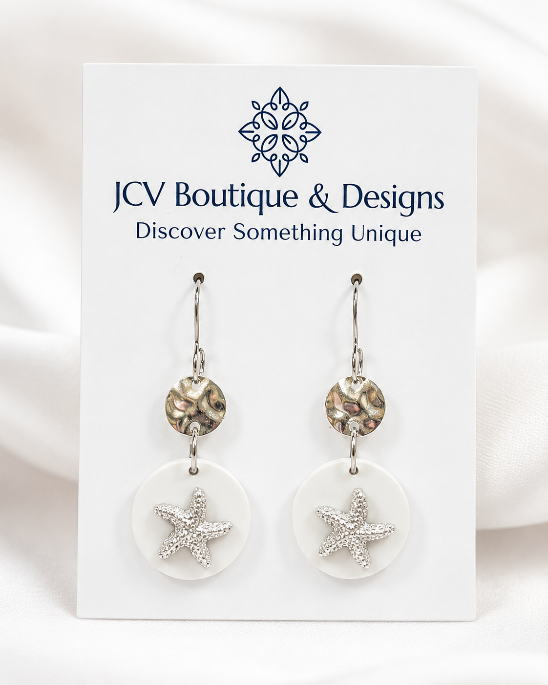 White Starfish & Hammered Disc Coastal Dangle Earrings