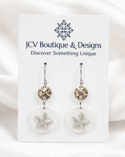 White Starfish & Hammered Disc Coastal Dangle Earrings