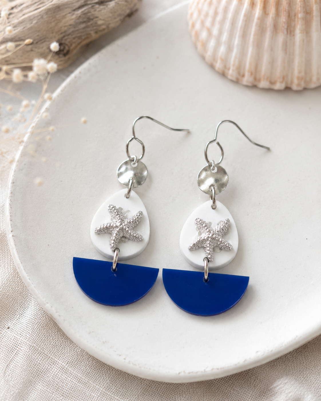 Royal Blue Starfish Coastal Tiered Dangle Earrings