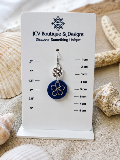Royal Blue Floral & Hammered Disc Dangle Earrings