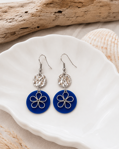 Royal Blue Floral & Hammered Disc Dangle Earrings
