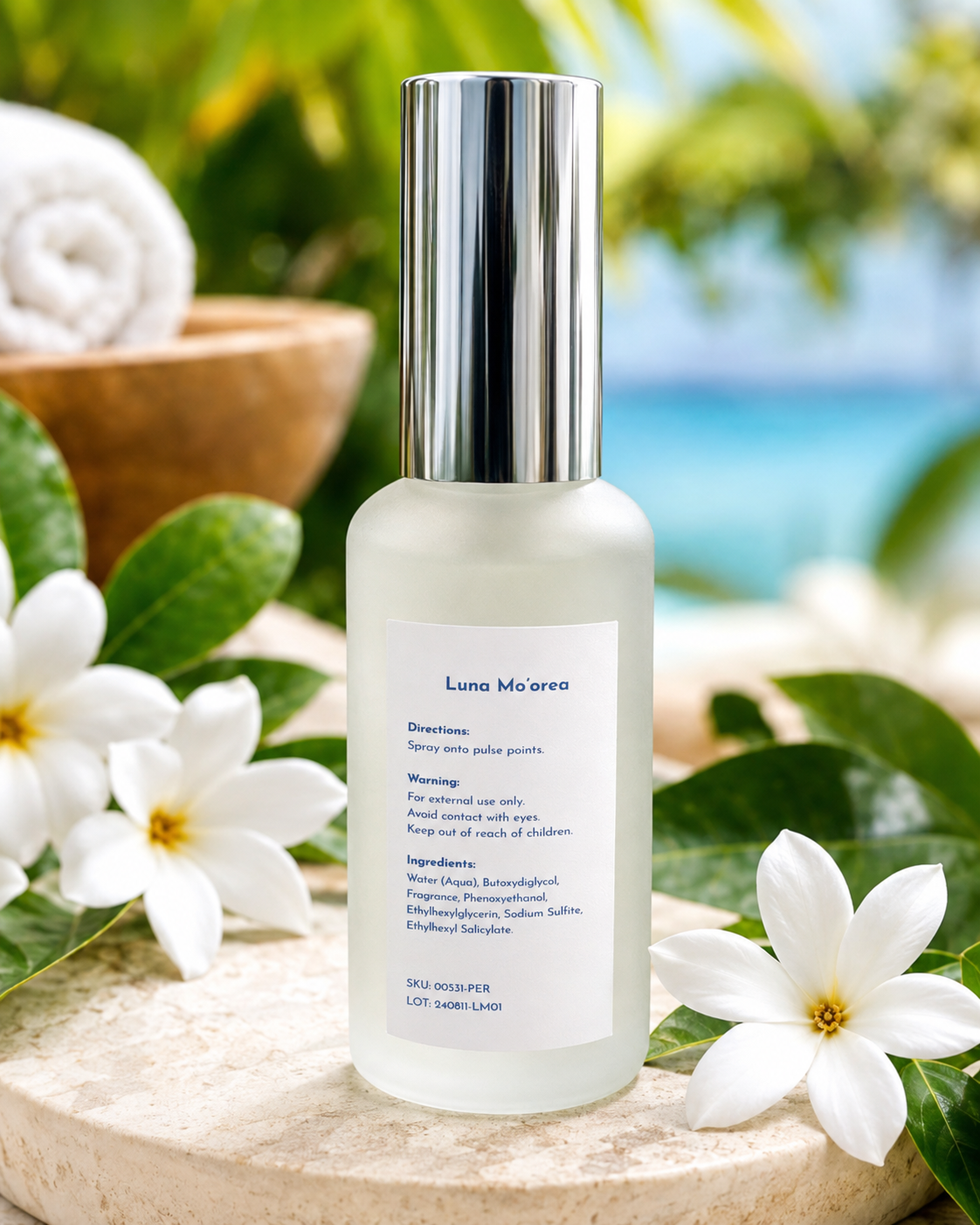 A frosted glass skincare bottle with a metallic silver cap stands on a stone surface surrounded by white flowers and green leaves, with a blurred tropical beach and towel in the background. The bottle label reads 'Luna Mo'oa'.